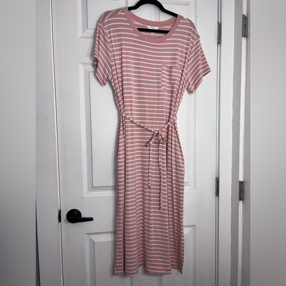 Time and Tru Pink and White Striped Stretch Midi T-Shirt Dress
